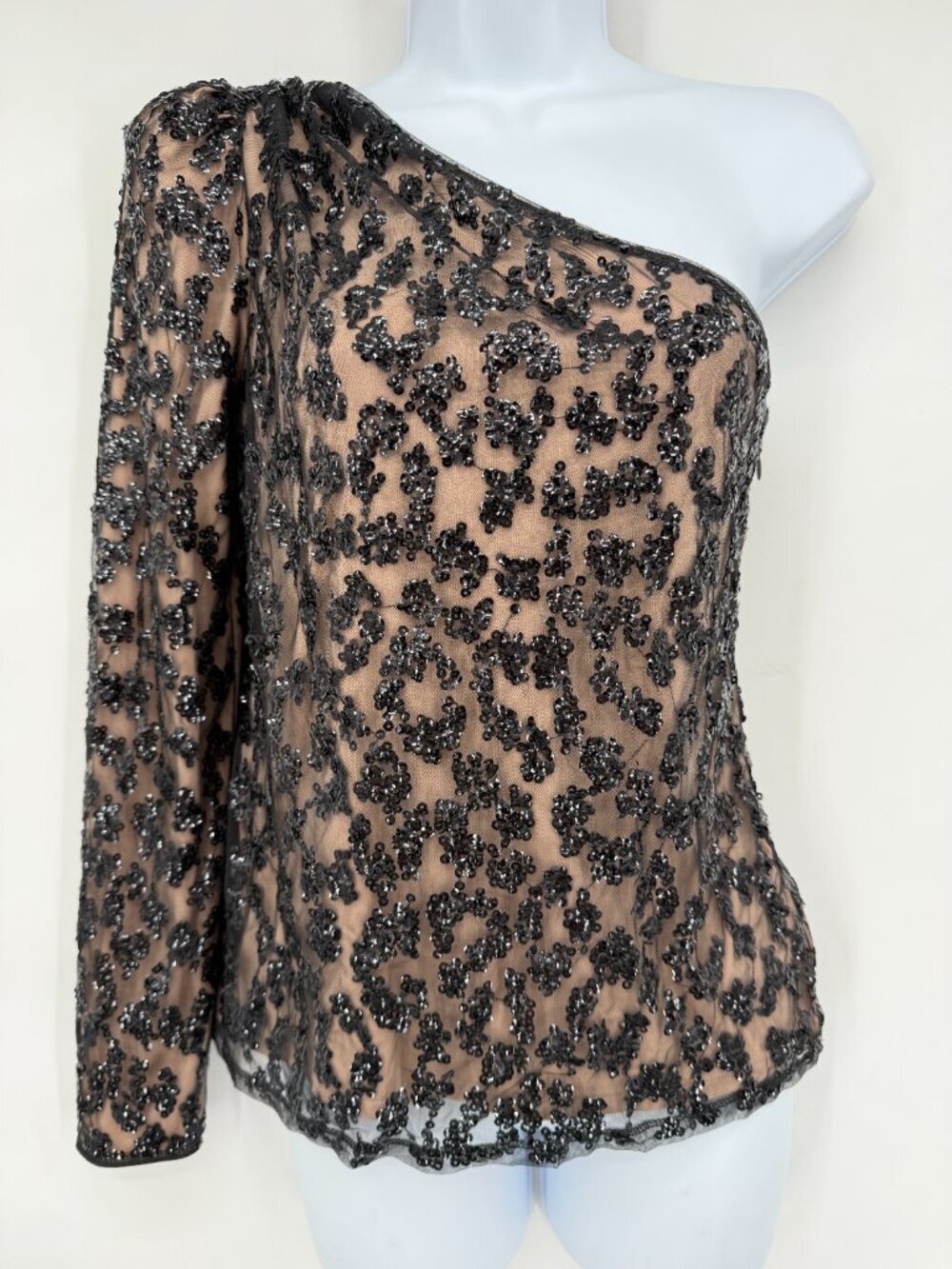 Express NWT Black Sequin One Shoulder Illusion Mesh Cocktail Party Top XS